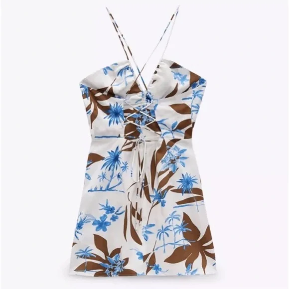 NWT Zara Tropical Print Mini Dress Linen Blend Sundress - Picture 6 of 13